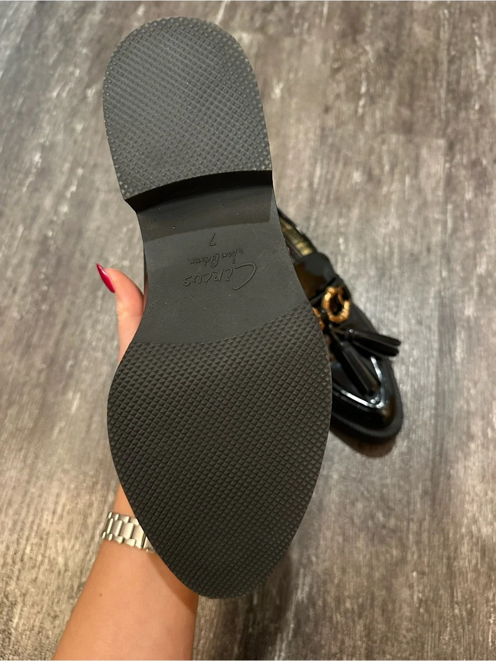 Circus by Sam Edelman Black Patent Loafers with Gold Chain and Black Tassels